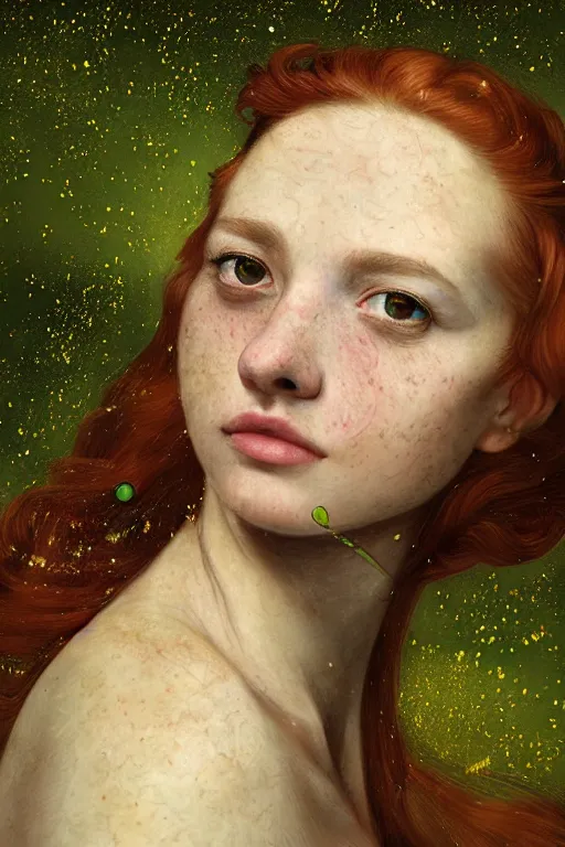 Image similar to a happy a young woman, among the lights of golden fireflies and nature, long loose red hair, intricate details, bright green eyes, freckles on the nose, round gentle face, full body portrait, sophisticated dress, golden ratio, high contrast, photorealistic digital art by artemisia lomi gentileschi and caravaggio and tomacz alen kopera.