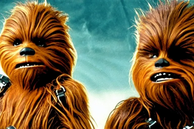 Image similar to A high quality movie still from the film Goonies, starring Chewbacca