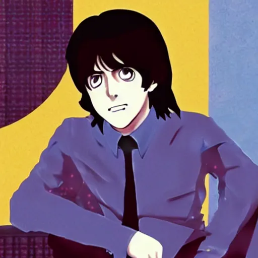 Image similar to anime illustration of young Paul McCartney from the Beatles, wearing a blue check shirt, long sideburns, ufotable