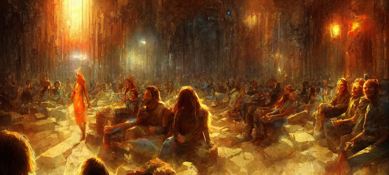 Prompt: human souls sit in the cinema and watch very deeply the light of consciousness projecting their lives on the screen of physical reality, realistic image full of sense of spirituality, life meaning, happy atmosphere, by Marc Simonetti