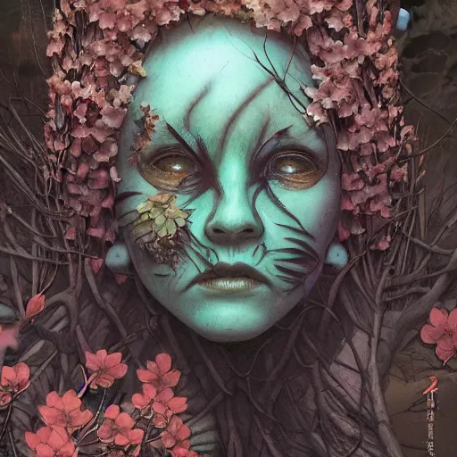 Image similar to a nature portrait of a p - zombie!!! lots of leaves and roots and cherry blossoms. natural lighting art dawn. highly detailed. colourful. moody. artstation, 4 k, horror, by gerald brom and ansel adams and studio ghibli, horror!!!, sakura flowers, lovely