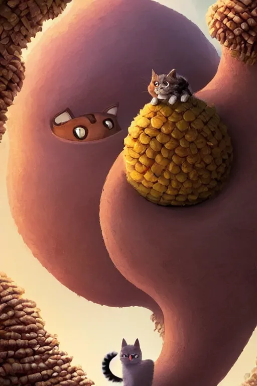 Prompt: round antropomorphic acorn and his cat friend in a slice of life movie, cerebri movie poster, by nuri iyem, james gurney, james jean, greg rutkowski, anato finnstark. pixar. hyper detailed, 5 0 mm, award winning photography, perfect faces