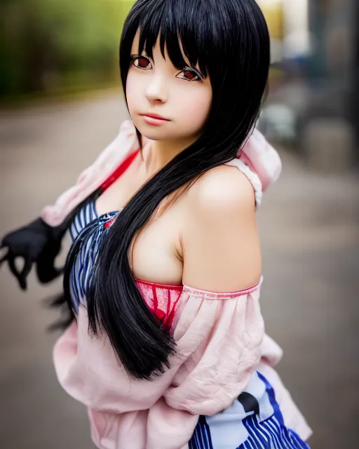 Prompt: A photo of a mischievous-looking anime girl with black hair, highly detailed, bokeh, 90mm, f/1.4