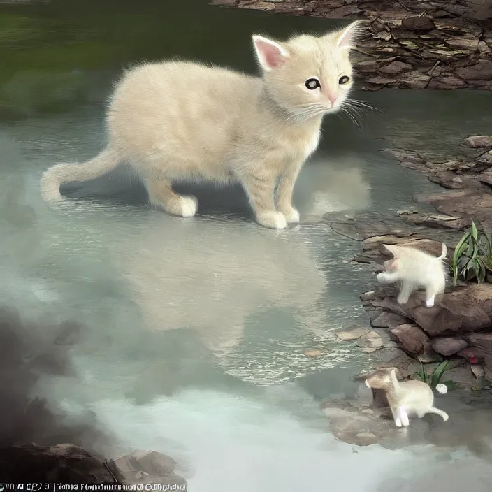 Image similar to a painting of a cute light beige kitten with dark brown ears and face and legs and tail and white paws at a river. character design by cory loftis, fenghua zhong, ryohei hase, ismail inceoglu and ruan jia. volumetric light, detailed, rendered in octane