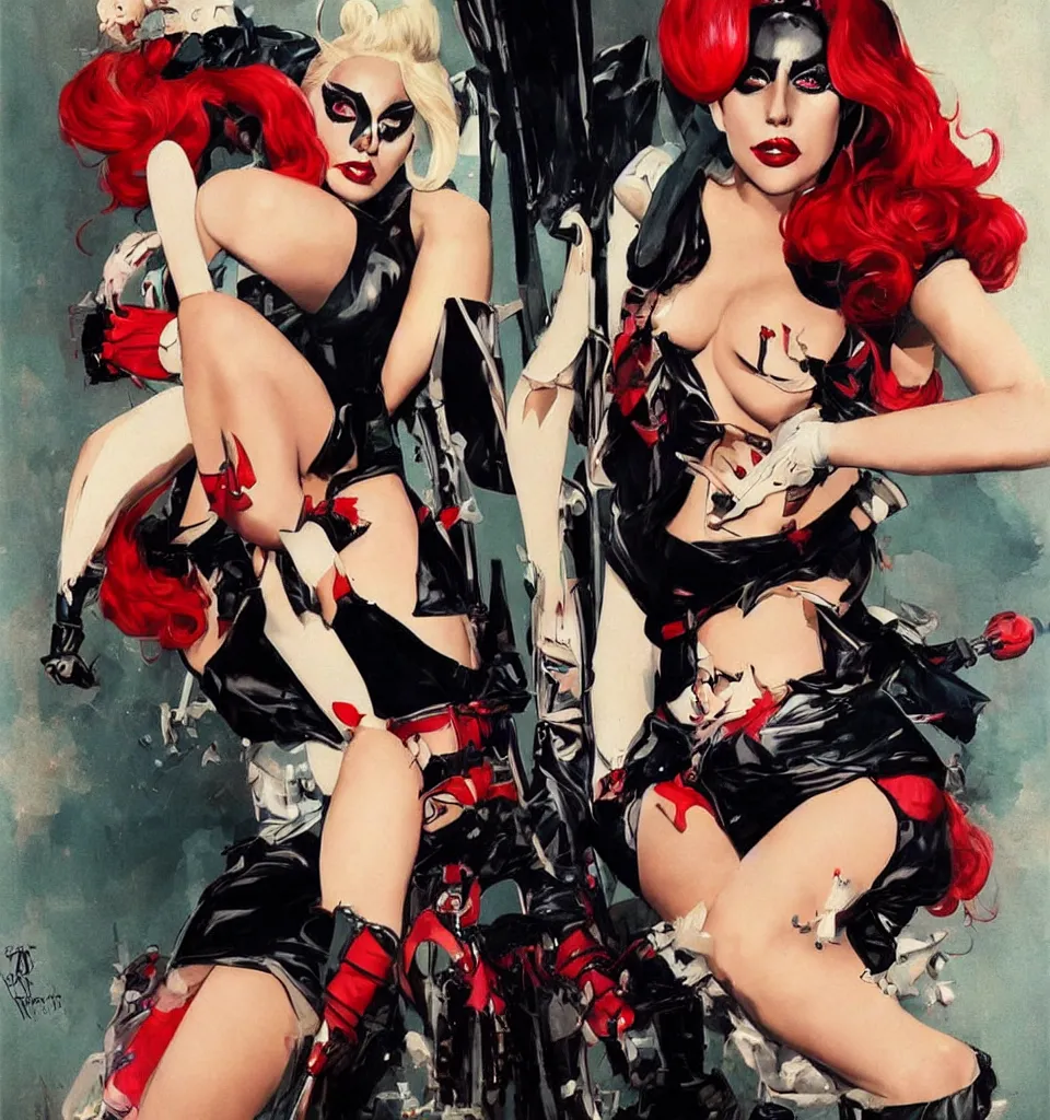 Prompt: a beautiful pinup art of lady gaga dressed up as harley quinn, single full body portrait poster, by robert mcginnis
