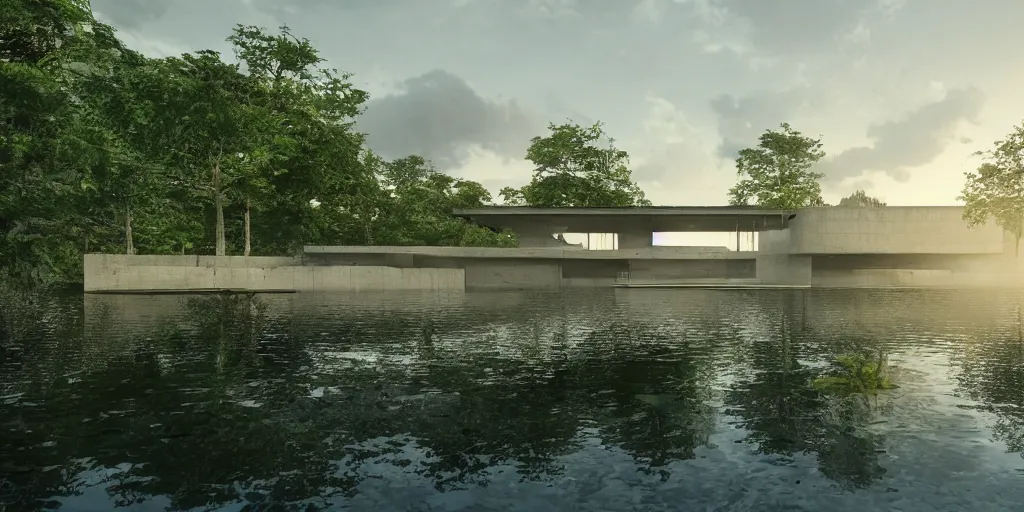 Image similar to a stunningly detailed arts center designed by Le Corbusier, surrounded by lush green forest, ponds of water, stunning volumetric lighting, sunset, metal, concrete, stunning skies, trending on Artstation, 8k, photorealistic, hyper detailed, unreal engine 5, IMAX quality, cinematic, epic lighting, in the style of Greg Rutkowski