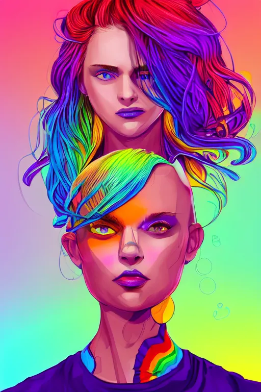 Image similar to a award winning half body portrait of a beautiful woman with stunning eyes in a printed croptop and cargo pants with rainbow colored ombre hairstyle head in motion and hair flying by josan gonzales, outrun, vaporware, shaded flat illustration, digital art, trending on artstation, highly detailed, fine detail, intricate