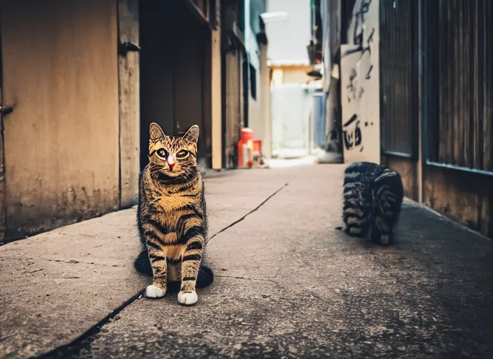 Image similar to photography of a Cat sitting on a box. in a cyberpunk street, award winning photo, colors, 100mm, sharp, high res