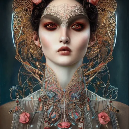 Prompt: ultra realist soft painting of a single attractive gynoid aisan female sillicon skin long dress, curiosities carnival, symmetry accurate features, very intricate details, focus, curvy, artstyle by Tom Bagshaw, award winning