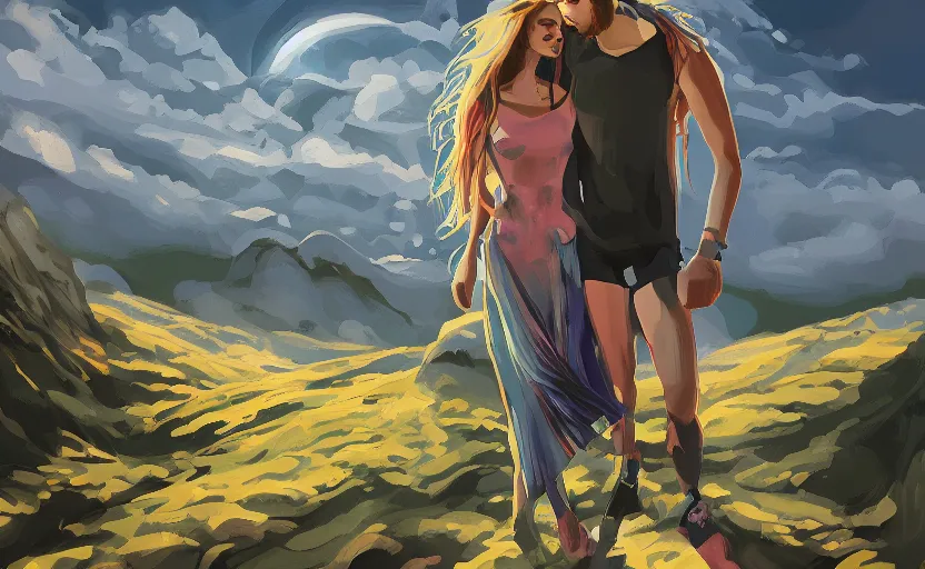 Image similar to it feels like something to be anything. Couple in a beautiful landscape. Rough strokes. Futuristic. Interesting colour scheme. Detailed. Beautiful digital art by artist Lurid. (2022)