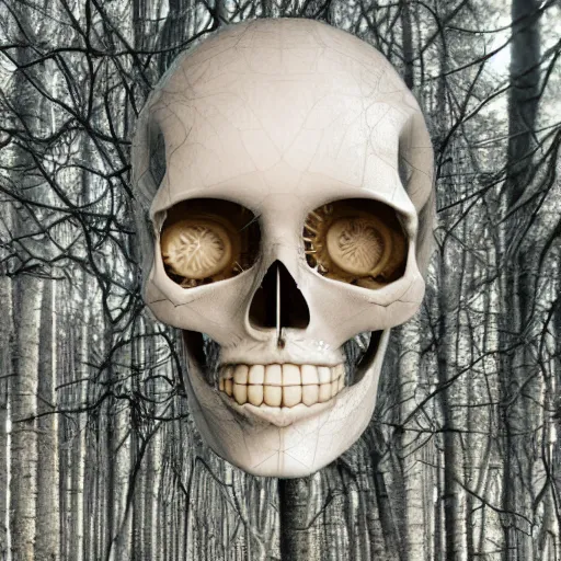 Image similar to very detailed portrait 55mm photo of a mechanical head without skin, with crystal bones and optic fiber nerves, gears in his head and cybernetic enhancements in it's transparent skull. Has cameras for eyes. In the forest with bokeh. Ray tracing and tessellation. Very sharp high detailed 8k image