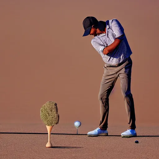 Prompt: a crying cucumber playing golf in the desert of namibia, award winning photography,