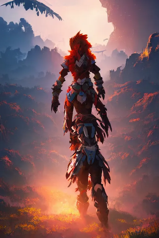 Image similar to combination suit armor aloy horizon forbidden west horizon zero dawn radiating a glowing aura global illumination ray tracing hdr fanart arstation by ian pesty and alena aenami artworks in 4 k tribal robot ninja mask helmet backpack