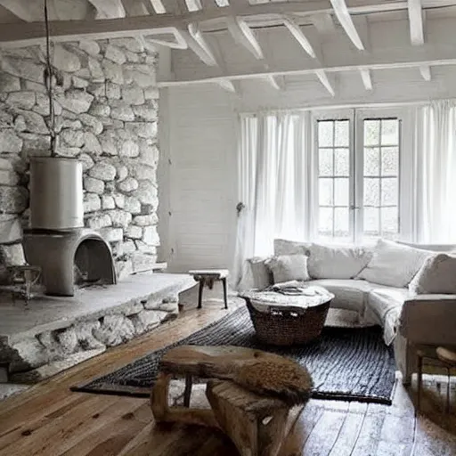 Image similar to a very clean cottage interior. cozy. artistic. simplistic