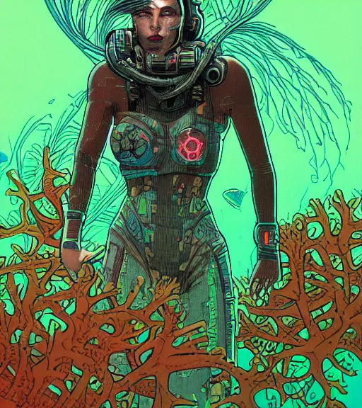 Image similar to a cyberpunk diver Polynesian woman swims through a dark bioluminescent alien coral reef, techwear, Industrial Scifi, detailed illustration, character portrait, by Martin Grip and Moebius