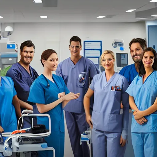 Image similar to realistic photo of an emergency department with nurses, doctors, and patients, 4k