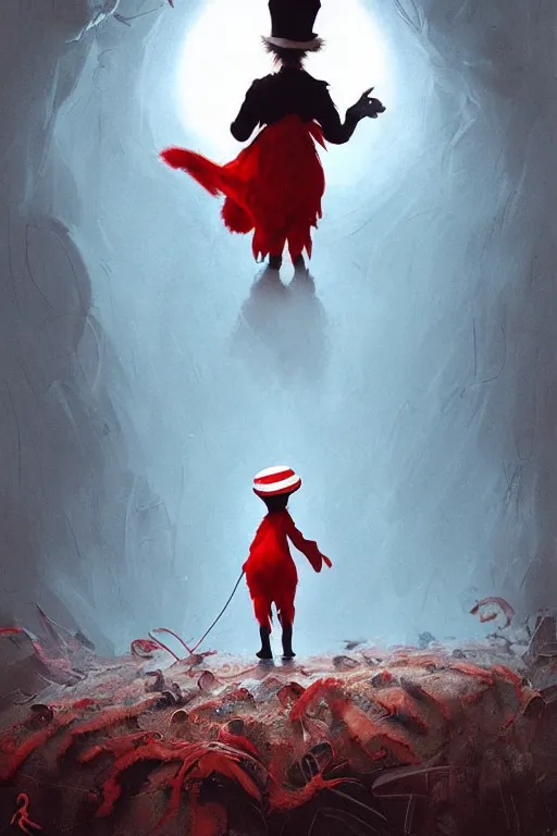 Image similar to the cat in the hat, scary, cinematic, concept art by greg rutkowski and artgerm and dr seuss