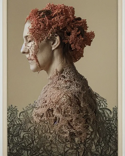 Image similar to a woman's face in profile, long flowing hair entwined in a coral reef, made of intricate decorative lace leaf, in the style of the dutch masters and gregory crewdson, dark and moody