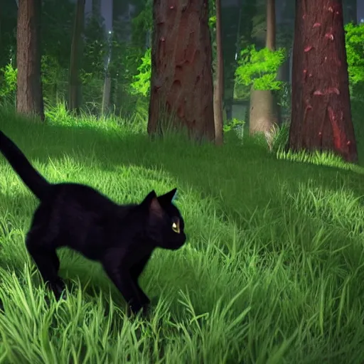 Image similar to of black cat walking in the woods in unreal engine style