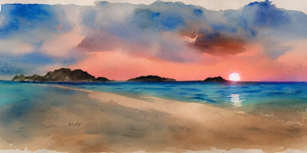 Image similar to tata beach, golden bay new zealand, abel tasman, amazing sunset watercolor painting, trending on artstation