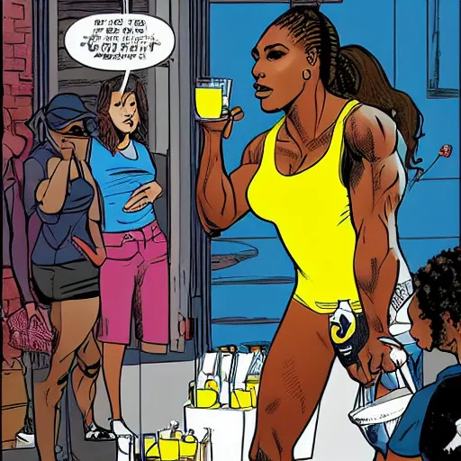 Image similar to In the style of Rafael Albuquerque comic art, Serena Williams opening a lemonade stand.