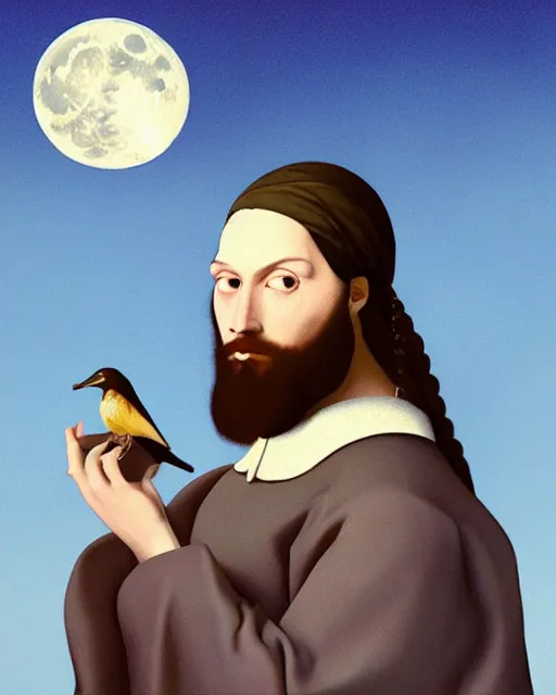 Prompt: portrait of a man with long black hair and beard holding a bird in his hands, full moon in the background, fine portrait, beautiful, concept art, by jan vermeer, style of tomer hanuka