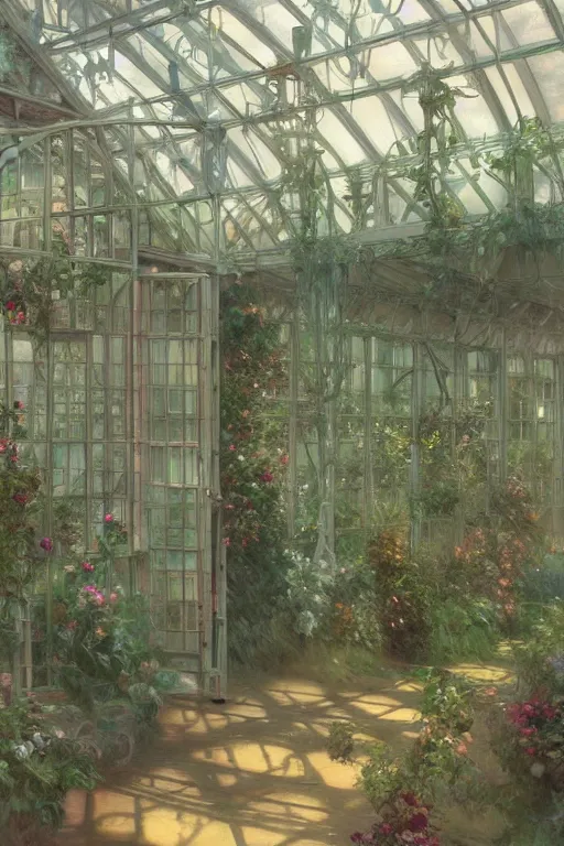 Prompt: a beautiful painting of a greenhouse, rainy, gloomy, dark, shimmering and prismatic, rococo, by krenz cushart and mucha and monet, trending on artstation.