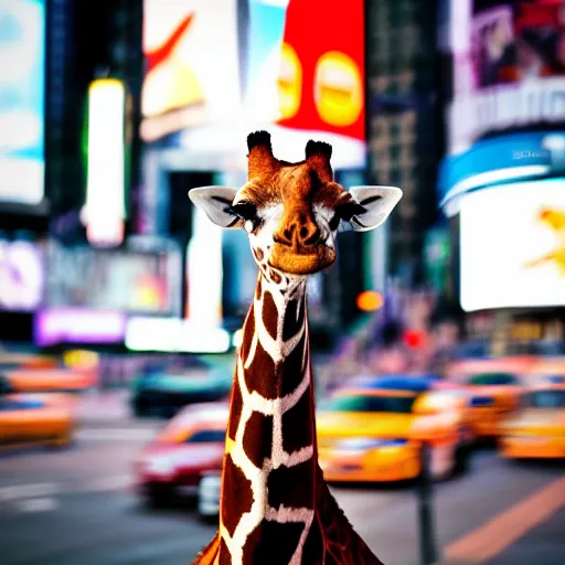 Image similar to a still of a giraffe stand in the intersection at times square. motion blur