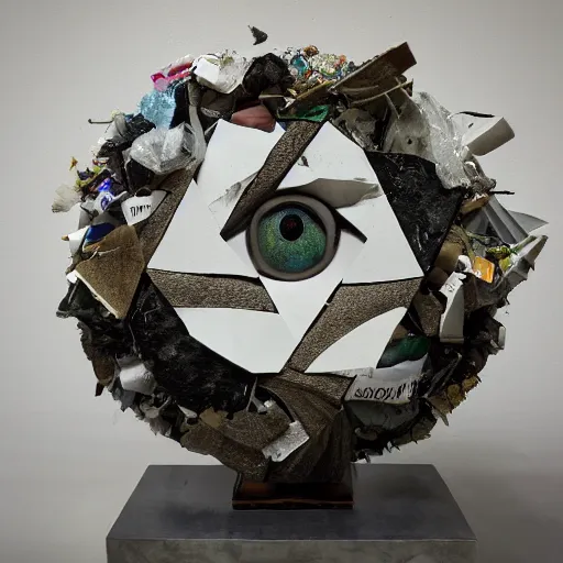 Prompt: A sculpture a The all-seeing eye made pure recycled Trash