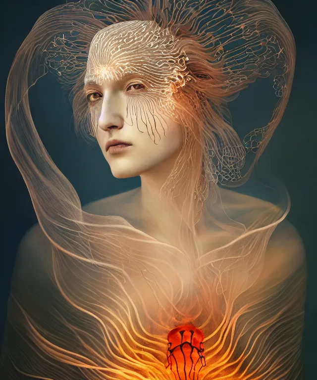 Image similar to portrait of a goddess of death with (reaction diffusion) scaled fish skin Bioluminescent phoenix jellyfish, burning phoenix halo, Her breath shot a haze of steam out into the frosty morning air concept, soft light, soft mood, realistic body features and face, illustration,intricate ornament halo, painting oil on canvas by Elena Zhurikhina and Goro Fujita and Charlie Bowater, octane render trending on artstation, 4k, 8k, HD