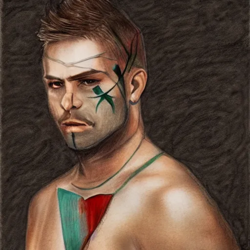 Image similar to self portrait, handsome man with battle scar on his chest holding his sword on his shoulder, pencil art, detailed, handsome, colored, bloody