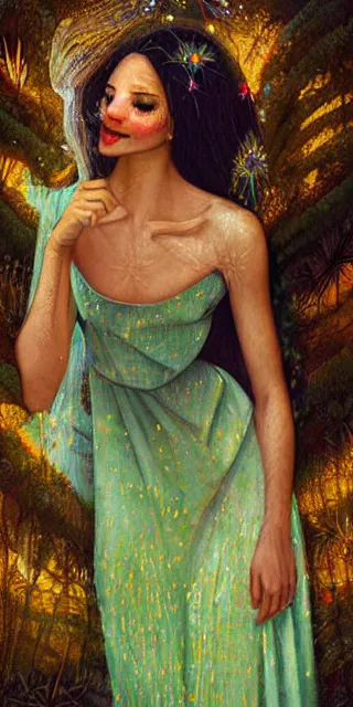 Image similar to young woman, fit body, serene smile, spiritual scene, surrounded by golden firefly lights amidst nature, fully covering intricate dress, long red hair, precise linework, accurate green eyes, small nose with freckles, beautiful smooth oval shape face, empathic, expressive emotions, hyper realistic ultrafine art by artemisia gentileschi, jessica rossier, boris vallejo