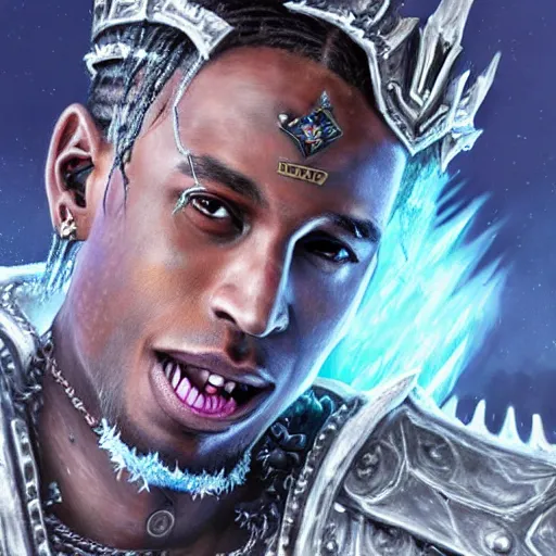 Prompt: a matte full likeness painting of travis scott face merged with the lich king wearing a crown made of ice, icey, world of warcraft, digital art, fantasy, realistic lighting, in the style of greg rutkowski