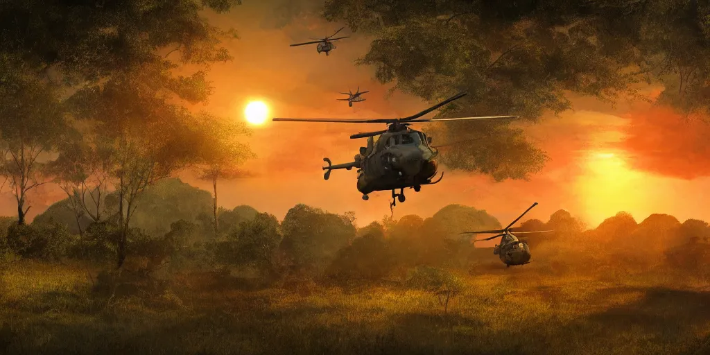 Image similar to Painting of vietnam Huey Helicopters, above a forest, orange sun set, abstract, realism, detailed, octane render, glow