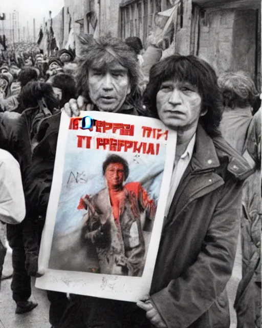 Prompt: sixty years old viktor tsoi with the poster with the inscription : / i'iepemeh! / in his hands, photo, color photo, in the style of documentary journalism, russian opposition rally, russian flags, 3 5 mm, kodak gold