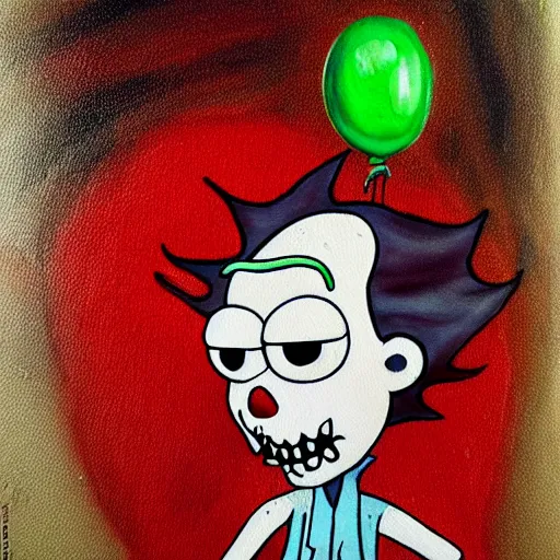 Prompt: grunge painting of rick from rick and morty with a wide smile and a red balloon by chris leib, loony toons style, pennywise style, corpse bride style, horror theme, detailed, elegant, intricate