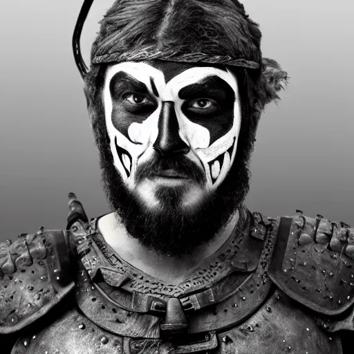 Prompt: viking in black body armour with black and white face painting, extremely detailed image from a film, full color