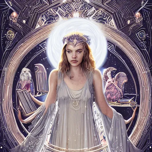 Image similar to a portrait of a older anya taylor - joy as the goddess minerva surrounded by stacks of books, bioluminescent gown with deep level of detail of esoteric symbols, urban motifs, intricate, elegant, highly detailed, digital painting, trending on artstation, concept art, smooth sharp focus, illustration, art by artgerm and greg rutkowski