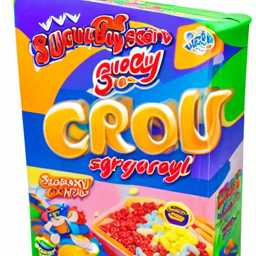 Image similar to box of sugary cereal with a cartoon mascot, highly detailed, high definition, ultra realistic