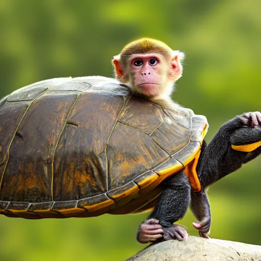 Image similar to a monkey riding on the back of a turtle