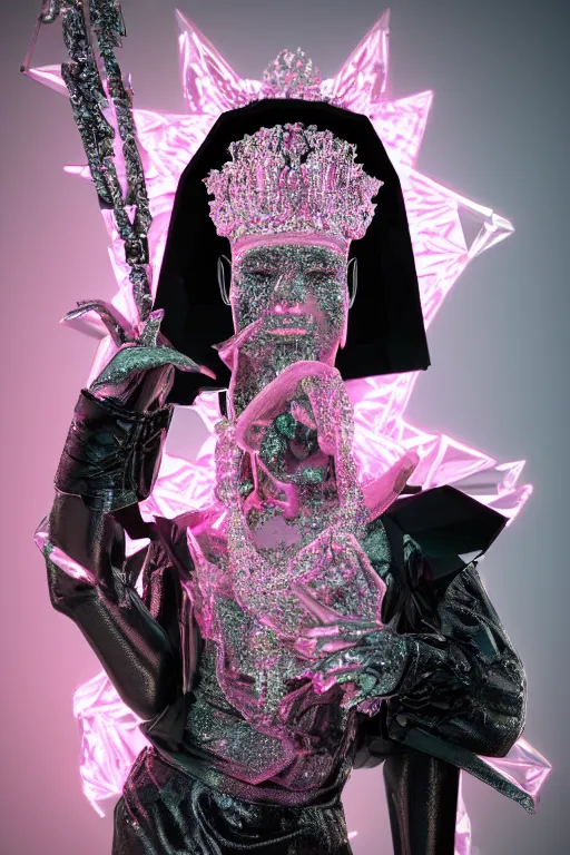Image similar to hyper detailed ultra sharp portrait of baroque and bladerunner delicate glowing diamond sculpture of seductive muscular albino young king jose garcia, pink diamond black metallic sphinx iridescent humanoid deity wearing black cloak holding a prismatic gem, glowing pink face, crown of white diamonds, cinematic lighting, photorealistic, octane render 8 k depth of field 3 d