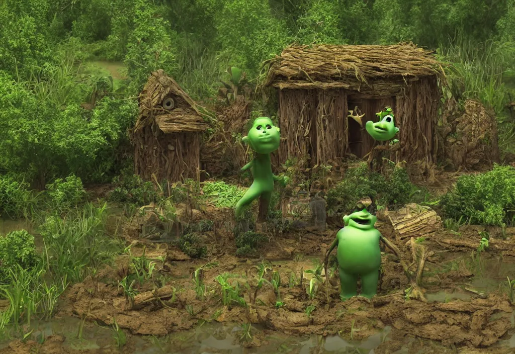 Prompt: big green man living in a swamp. his house is little and made of wood. he takes a bath in the mud. high quality 3 d render, dreamworks animated film style. 5 0 mm lens