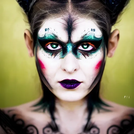 Image similar to gorgeous portrait of a woman as personification of envy (from 7 deadly sins), eyes on camera,intricate detail and composition, symmetric, eyes staring at camera, symmetric face paint, Leica Vario-Elmar-S 30-90mm f/3.5-5.6 ASPH