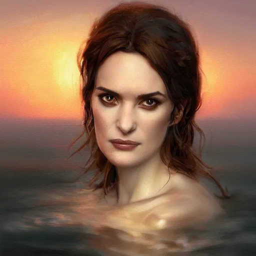 Image similar to a closeup portrait of a winona ryder, dramatic light, lake background, sunset, dark, painted by stanley lau, painted by greg rutkowski, painted by stanley artgerm, digital art, trending on artstation