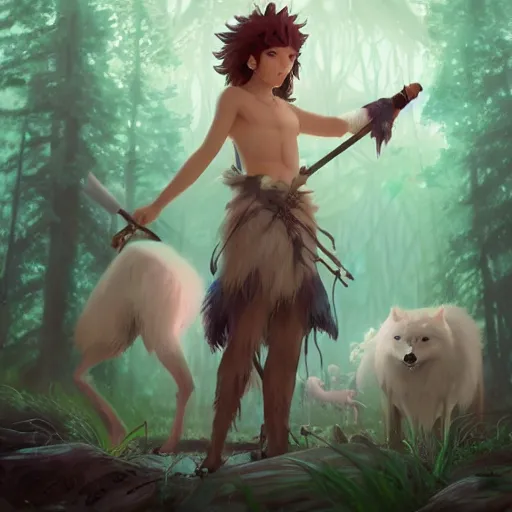 Prompt: Princess Mononoke holding a spear, standing next to Moro the white wolf, in a bioluminescent forest at night, with the Great Forest Spirit in the background, portrait by loish and WLOP, octane render, dark fantasy, trending on ArtStation