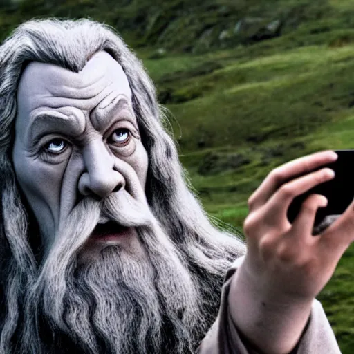 Image similar to Gandalf the Grey confidently taking a Selfie on the mountain, a balrog in the background looming,