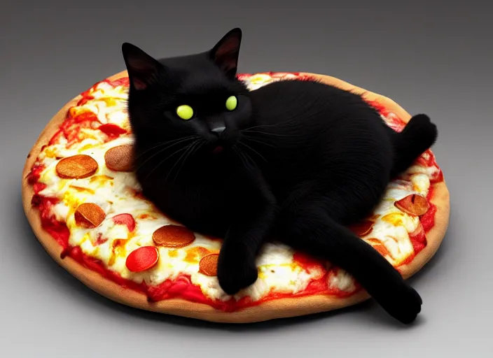 Prompt: A tiny black cat sleeping on a cozy pizza pillow. designed by Peter Andrew Jones and Pixar, photorealistic, 3d render, award winning render, unreal engine, octane render, studio lighting, 8k, hd, Dustin Nguyen, Akihiko Yoshida, Greg Tocchini, Greg Rutkowski, Cliff Chiang