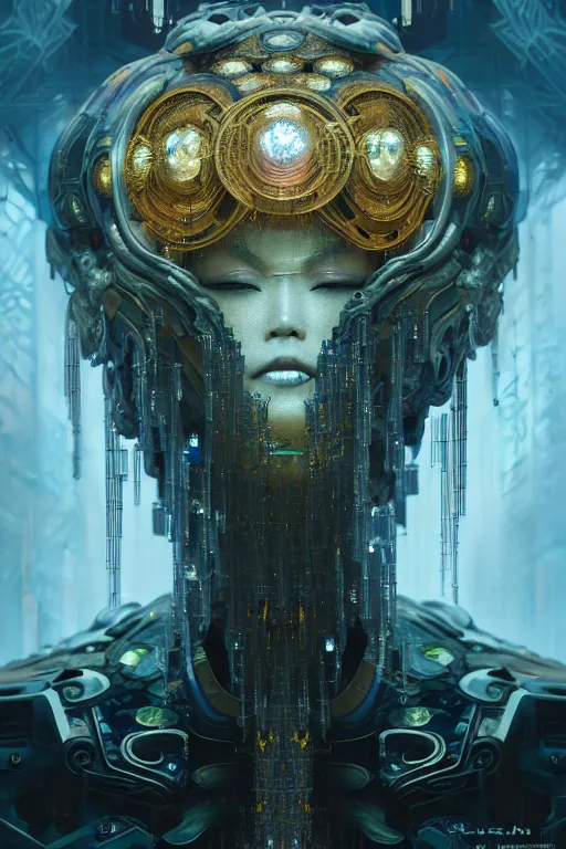 Image similar to dreamland of chinese, ghost, gorgeous and huge head ornaments, dystopian, cyberpunk, organic fractal mycelum and fungi, mecha, halfturn portrait of a big crystal face made of crystals half - turn, ominous, intricate, studio, art by anthony macbain + greg rutkowski + alphonse mucha, concept art, 4 k, sharp focus