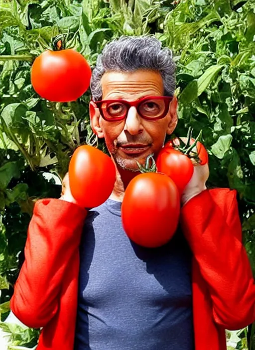 Image similar to jeff goldblum in a tomato outfit