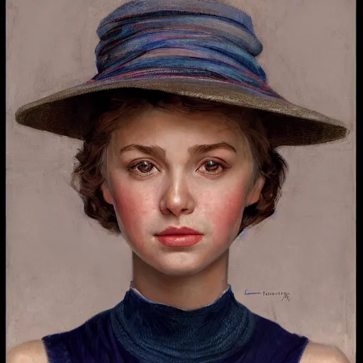 Image similar to A portrait of a sincere-looking girl, oil on canvas, wearing a hat made by wires ,masterpiece, hi-fructose, artgerm , Norman rockwell, craig mullins, n, trending on pxiv, highly detailed face, clear eyes concept art, hdri, 4k-